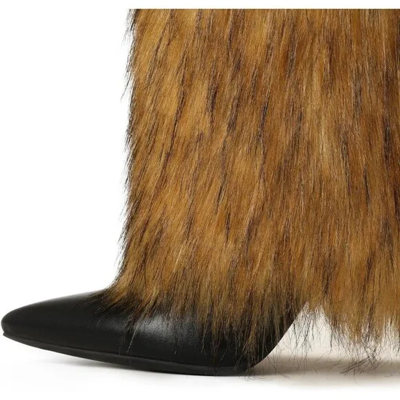 Womens L Brown Fur Knee High Boots with Heel Wide Calf Tall Fold Over Party Boot - Picture 4 of 6